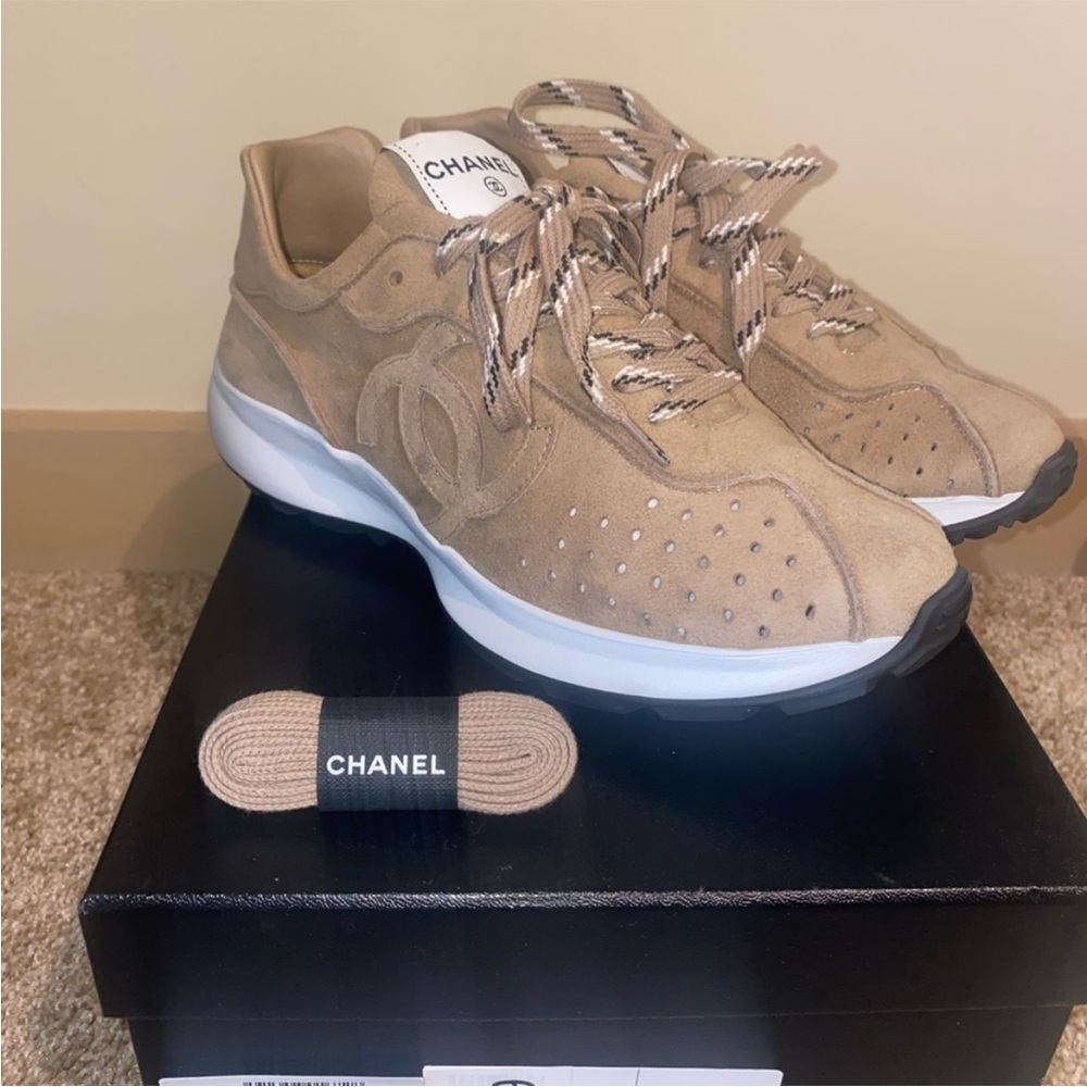 CHANEL Tan Suede Logo Runner Sneakers
